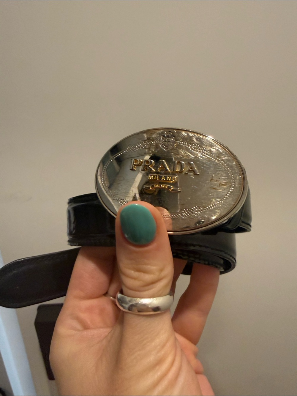 Prada Black Patent Leather Oval Logo Buckle Belt
